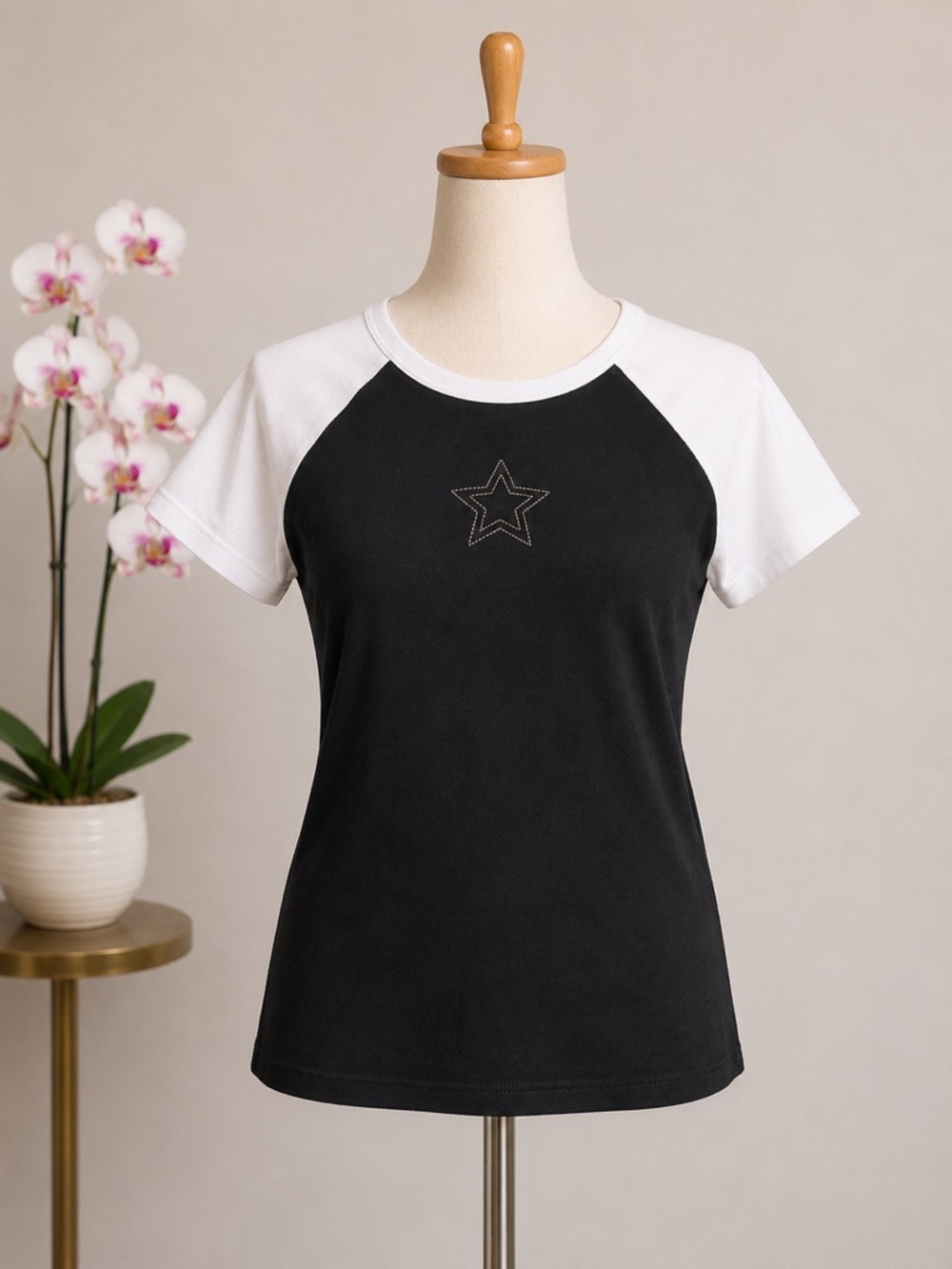 Hippie Rose Black Tee with White Raglan Sleeves and Star Detail NEW M